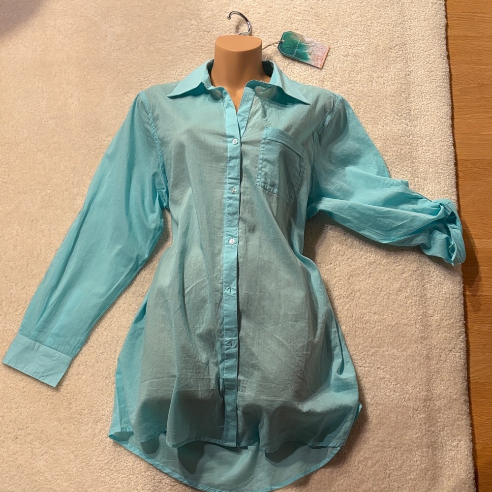 ☀️🏝️NWT True Destinations Resort Wear Caribbean Blue Aqua long Button-Up Shirt - Picture 2 of 8